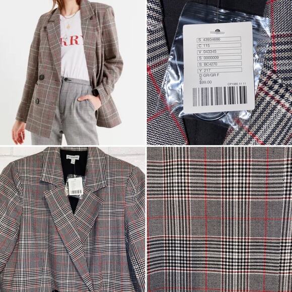 New Urban Outfitters $99 Plaid Double Breasted Red Blk Check Blazer Small NWT - Picture 1 of 15